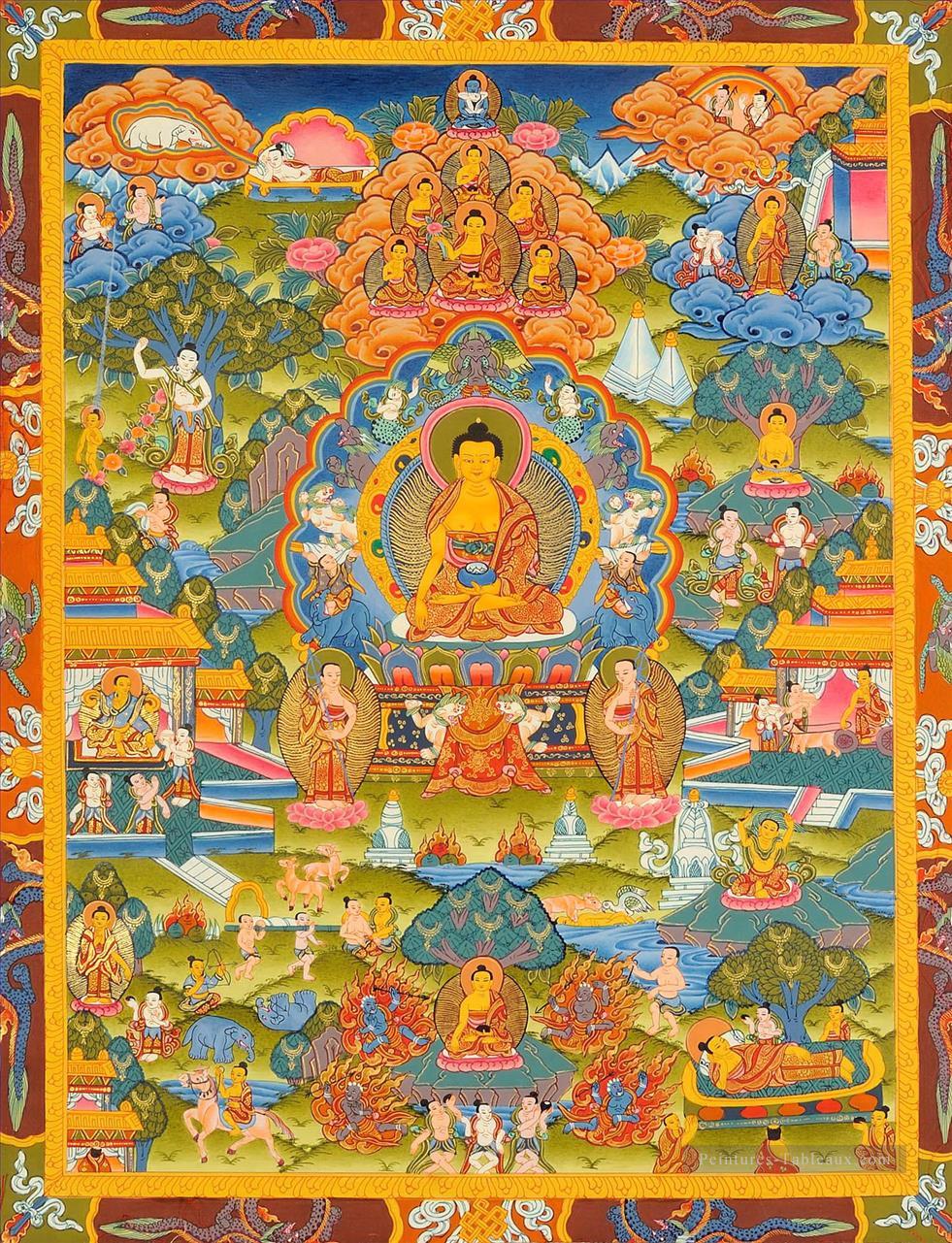 Seigneur Bouddha assis sur six ornement trône des lumières et les scènes de sa vie bouddhisme Peintures à l'huile